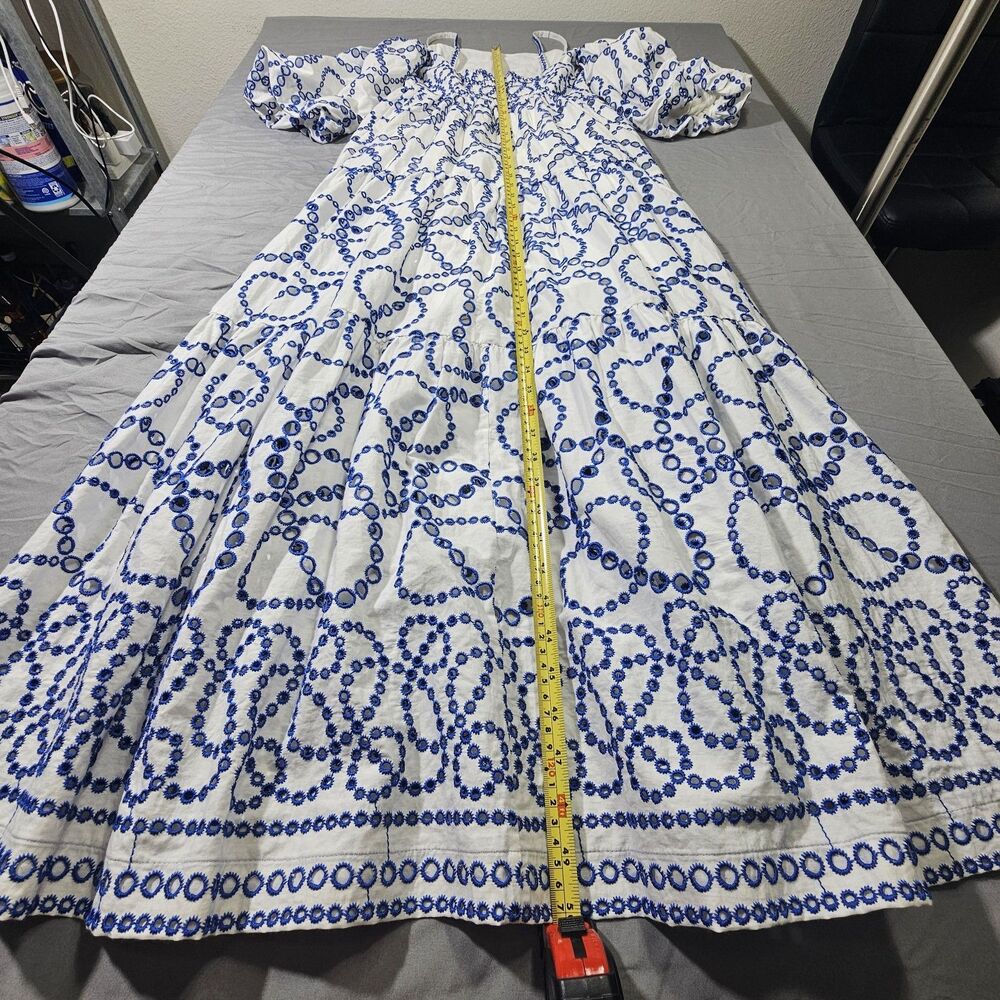Anthropologie Blue White Eyelet Smocked Puff Sleeve Maxi Dress Sz XS Cotton - Picture 3 of 12